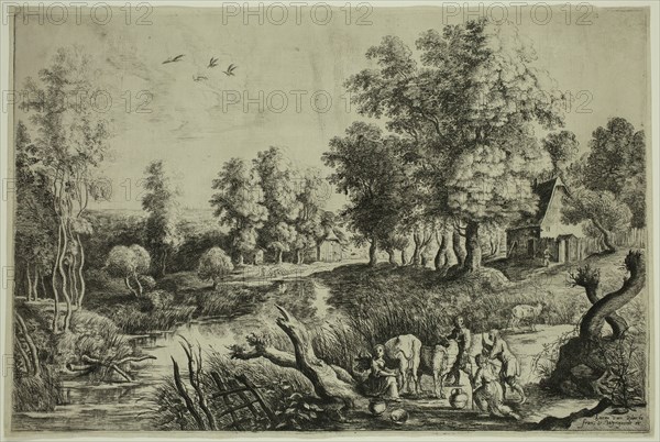 Lucas van Uden, Flemish, 1595-1673, after Peter Paul Rubens, Flemish, 1577-1640, A Village Near a Stream, after 1640, etching and engraving printed in black ink on laid paper, Plate: 8 1/4 × 12 3/8 inches (21 × 31.4 cm)