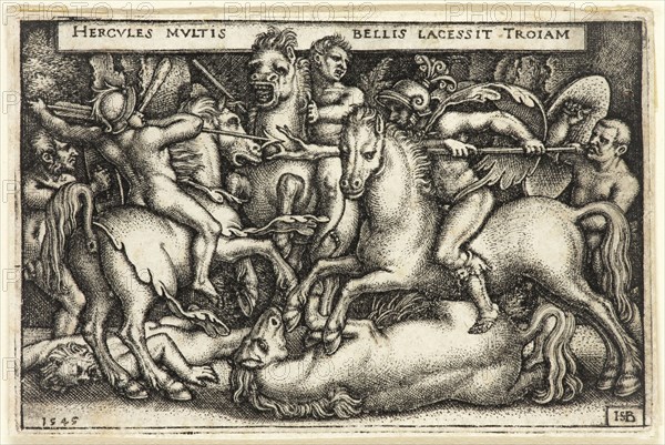 Hans Sebald Beham, German, 1500-1550, Hercules Fighting Against the Trojans, 1545, engraving printed in black ink on laid paper, Plate: 2 × 3 1/8 inches (5.1 × 7.9 cm)