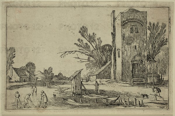 Esaias van de Velde, Dutch, 1587-1630, Frozen River to Left of a Square Tower, early 17th century, etching printed in black ink on laid paper, Plate: 4 1/2 × 7 inches (11.4 × 17.8 cm)