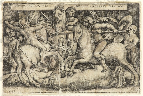 Hans Sebald Beham, German, 1500-1550, Hercules Fighting Against the Trojans, 1545, engraving printed in black ink on laid paper, Sheet (trimmed within plate mark): 2 × 3 1/8 inches (5.1 × 7.9 cm)