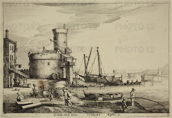 Jan van de Velde, Dutch, 1593-1641, after Gerard van der Horst, Dutch, River Landscape with Inn and a Watch Tower, 17th century, etching and engraving printed in black ink on laid paper, Plate: 7 3/4 × 11 3/8 inches (19.7 × 28.9 cm)