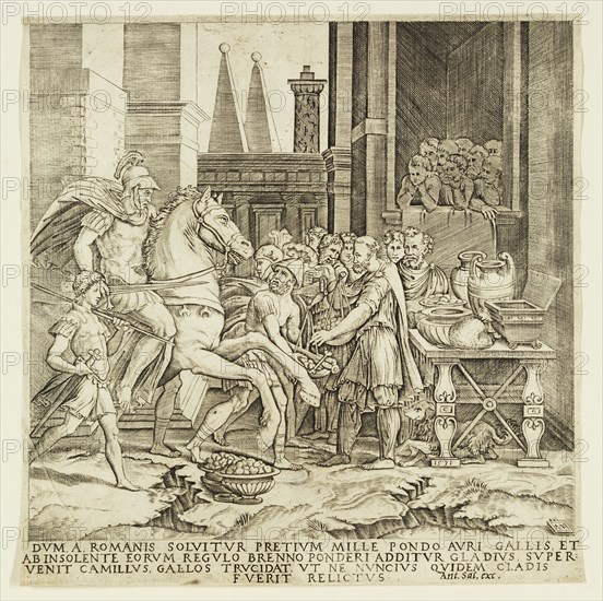 Agustino Veneziano, Italian, 1490-1536, after Bartolommeo Bandinelli, Italian, 1493-1560, Brennus Throwing his Sword into the Scale/Marcus Furius Camillas Arriving on t, 1531, engraving printed in black ink on laid paper, Sheet (trimmed within plate mark): 8 5/8 × 8 3/8 inches (21.9 × 21.3 cm)