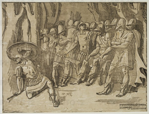 Giuseppe Nicola Rossigliani, Italian, active early 16th century, after Polidoro da Caravaggio, Italian, ca. 1499-1543, Death of Ajax, ca. 1608, chiaroscuro woodcut printed in black, gray and brown ink on laid paper, Image and sheet: 12 3/8 × 16 3/8 inches (31.4 × 41.6 cm)