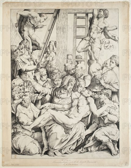 Enea Vico, Italian, 1523-1567, Descent from the Cross, between 1523 and 1567, engraving printed in black ink on laid paper, Image: 21 3/4 × 15 3/4 inches (55.2 × 40 cm)
