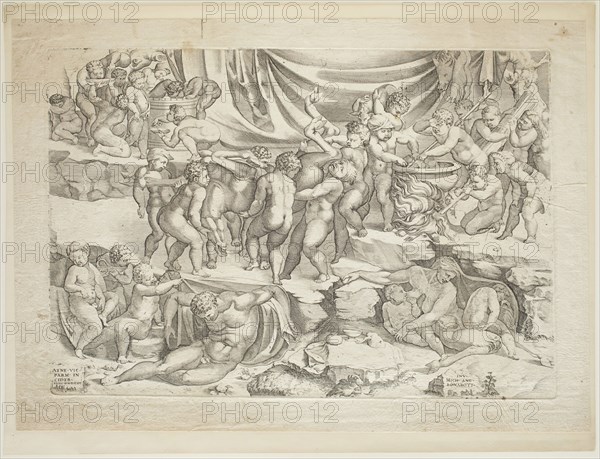 Enea Vico, Italian, 1523-1567, after Michelangelo, Italian, 1475-1564, Children Carrying a Deer to a Caldron, 1546, engraving printed in black ink on laid paper, Plate: 11 1/4 × 16 1/4 inches (28.6 × 41.3 cm)