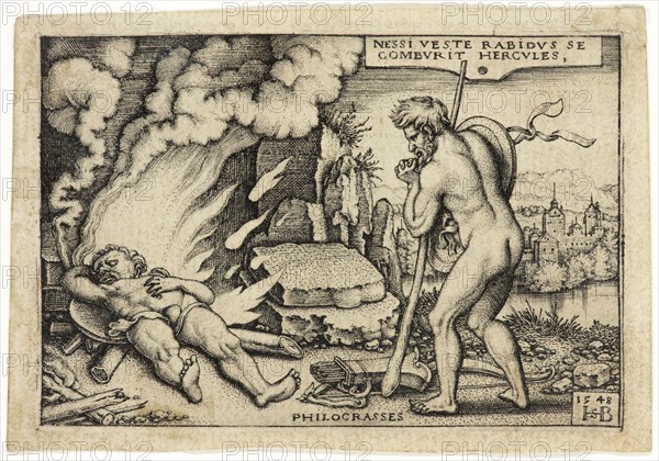 Hans Sebald Beham, German, 1500-1550, Death of Hercules, 1548, engraving printed in black ink on laid paper, Plate: 2 1/8 × 3 1/8 inches (5.4 × 7.9 cm)