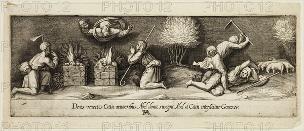 Francesco Villamena, Italian, 1566-1624, after Raphael, Italian, 1483-1520, Cain and Abel's Offering and the Death of Abel, between 1566 and 1624, engraving printed in black ink on laid paper, Plate: 3 3/4 × 10 3/8 inches (9.5 × 26.4 cm)