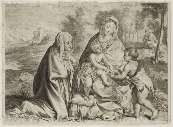 Cornelius Visscher, Dutch, 1619-1662, after Palma Vecchio, Italian, 1480-1528, Holy Family in a Landscape, between 1619 and 1662, engraving printed in black ink on laid paper, Sheet (trimmed within plate mark): 11 × 15 1/2 inches (27.9 × 39.4 cm)