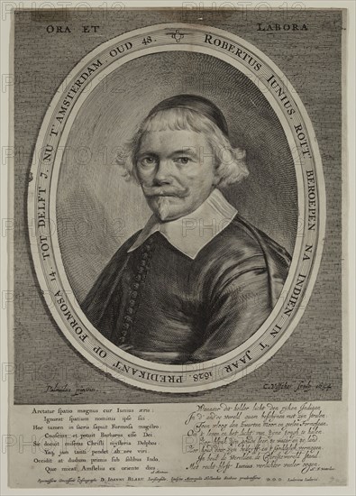 Cornelius Visscher, Dutch, 1619-1662, after Anthonie Palamedesz, Dutch, 1601-1673, Robertus Junius, 1654, engraving printed in black ink on laid paper, Sheet (trimmed within plate mark): 12 × 8 1/2 inches (30.5 × 21.6 cm)