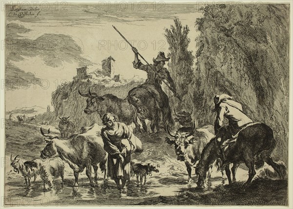 Cornelius Visscher, Dutch, 1619-1662, after Nicolaes Berchem, Dutch, 1620-1683, Woman and Animals Crossing a Stream, between 1619 and 1662, etching and engraving printed in black ink on laid paper, Sheet (trimmed within plate mark): 7 3/8 × 10 3/8 inches (18.7 × 26.4 cm)