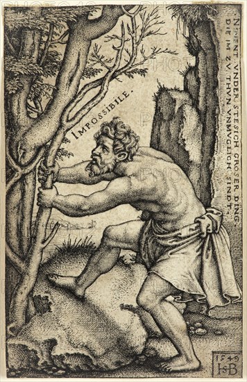 Hans Sebald Beham, German, 1500-1550, Impossibility, 1549, engraving printed in black ink on laid paper, Sheet (trimmed within plate mark): 3 1/4 × 2 inches (8.3 × 5.1 cm)