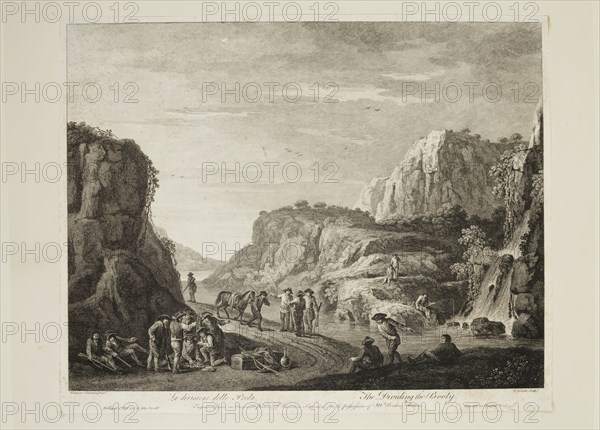after Francesco Simonini, Italian, 1686-1753, Dividing of the Booty, 1781, etching and engraving printed in black ink on wove paper, Sheet (trimmed to plate mark): 15 7/8 × 19 3/4 inches (40.3 × 50.2 cm)