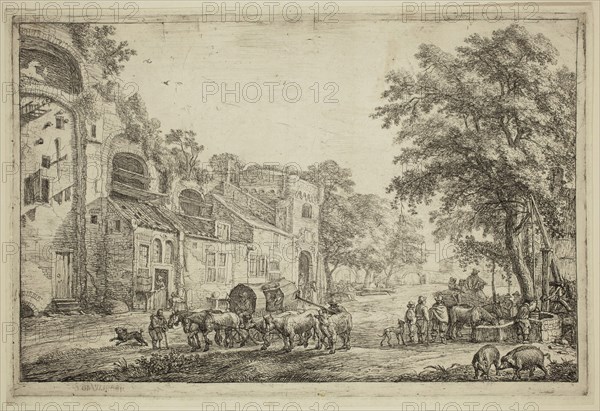 Simon de Vlieger, Dutch, 1601-1653, Market Town, 17th century, etching printed in black ink on laid paper, Plate: 7 1/2 × 11 1/4 inches (19.1 × 28.6 cm)