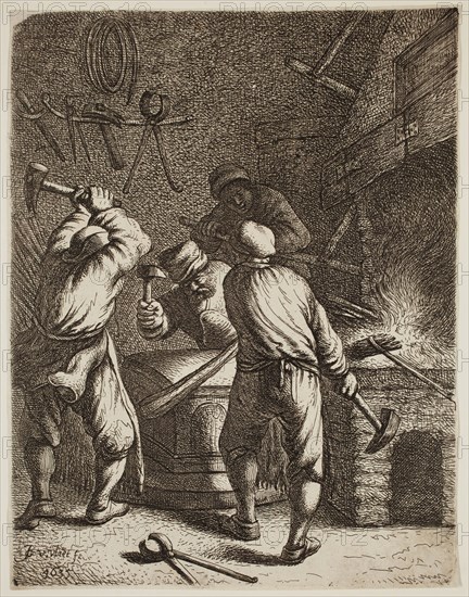 Jan Joris van Vliet, Dutch, 1600-1730, Blacksmith at Work, 1635, etching printed in black ink on laid (?) paper, Plate: 8 1/8 × 6 1/4 inches (20.6 × 15.9 cm)