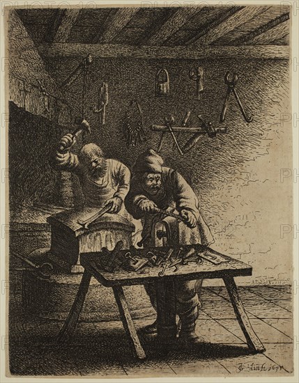 Jan Joris van Vliet, Dutch, 1600-1730, Locksmiths at Work, 1635, etching printed in black ink on laid paper, Plate: 8 1/4 × 6 3/8 inches (21 × 16.2 cm)