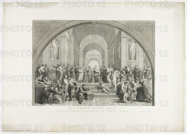 Giovanni Volpato, Italian, 1733-1803, after Giuseppe Cades, Italian, 1750-1799, after Raphael, Italian, 1483-1520, The School of Athens, 1779, Engraving printed in black ink on wove paper, Plate: 22 3/8 × 29 1/4 inches (56.8 × 74.3 cm)