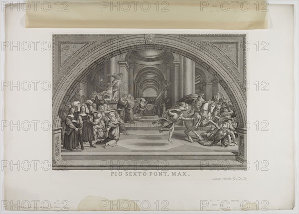 Giovanni Volpato, Italian, 1733-1803, after Bernardino Nocchi, Italian, 1741-1812, after Raphael, Italian, 1483-1520, The Expulsion Heliodorus from the Temple, between 1733 and 1803, Engraving printed in black ink on wove paper, Plate: 22 1/4 × 29 1/2 inches (56.5 × 74.9 cm)