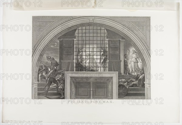 Giovanni Volpato, Italian, 1733-1803, after Bernardino Nocchi, Italian, 1741-1812, after Raphael, Italian, 1483-1520, The Liberation of Saint Peter, between 1733 and 1803, Engraving printed in black ink on wove paper, Plate: 22 1/4 × 29 1/2 inches (56.5 × 74.9 cm)