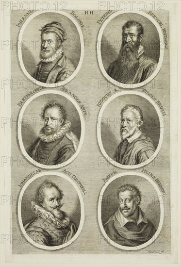 Johann Georg Waldreich, German, 1680-1680, Portraits of Giovanni Bolognini, Pieter Bruegel, Bartholomaeus Spranger, Iodocus A Wingen, Iohannes Ab Ach Coloniesis, Joseph Heinz, 17th century, engraving printed in black ink on laid paper, Plate: 12 3/8 × 8 1/8 inches (31.4 × 20.6 cm)