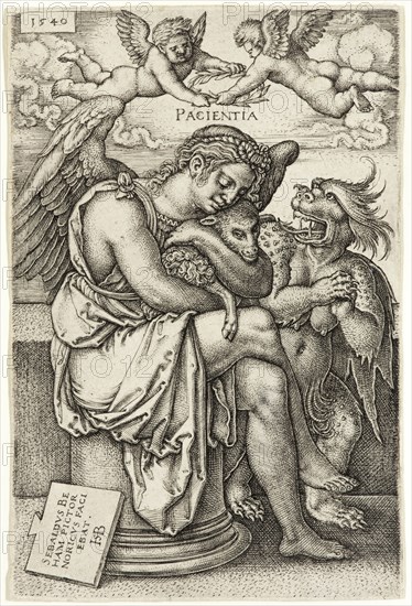Hans Sebald Beham, German, 1500-1550, Patience, 1540, engraving printed in black ink on laid paper, Sheet (trimmed within plate mark): 4 1/8 × 2 3/4 inches (10.5 × 7 cm)