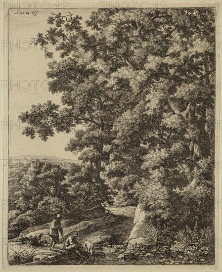 Anthonie Waterloo, Dutch, 1610-1690, Dog Drinking from a Stream, 17th century, etching printed in black ink on laid paper, Plate: 11 1/2 × 9 1/4 inches (29.2 × 23.5 cm)