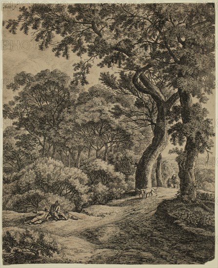 Anthonie Waterloo, Dutch, 1610-1690, Two Travelers Resting in the Woods, 17th century, etching printed in black ink on laid paper, Sheet (trimmed within plate mark): 11 1/4 × 9 1/8 inches (28.6 × 23.2 cm)