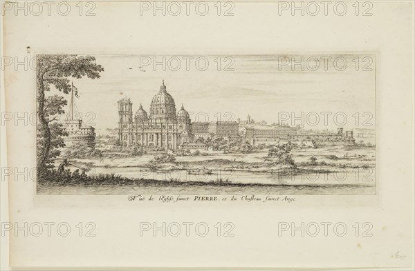 Francois Collignon, French, 1609-1657, View of Saint Peters and Castle of Saint Angelo, Rome, 1649-1650, etching printed in black ink on laid paper, Plate: 4 5/8 × 10 1/8 inches (11.7 × 25.7 cm)