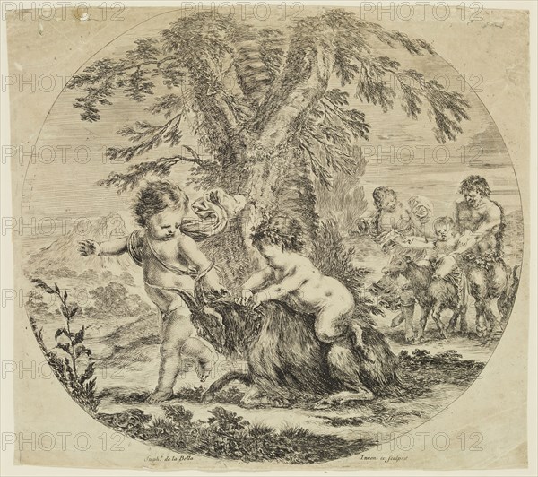 Stefano della Bella, Italian, 1610-1664, Two Children Playing with a Goat, ca. 1657, etching and engraving printed in black ink on wove paper, Sheet (trimmed within plate mark): 8 3/4 × 9 3/4 inches (22.2 × 24.8 cm)
