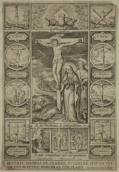 Anton Wierix, Netherlandish, 1552-1624, Jerome Wierix, Netherlandish, 1553-1619, The Crucifixion, between 1552 and 1624, engraving printed in black ink on laid paper, Sheet (trimmed within plate mark): 6 1/8 × 4 1/8 inches (15.6 × 10.5 cm)