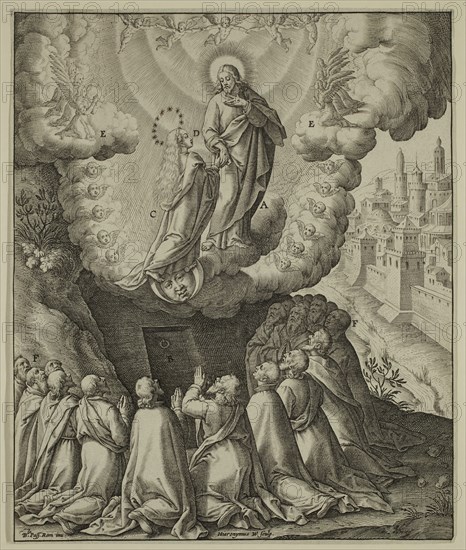 Jerome Wierix, Netherlandish, 1553-1619, after Bartolomeo Passarotti, Italian, 1529-1592, The Assumption of the Virgin, between late 16th and early 17th century, engraving printed in black ink on laid paper, Sheet (trimmed within plate mark): 6 3/4 × 5 5/8 inches (17.1 × 14.3 cm)