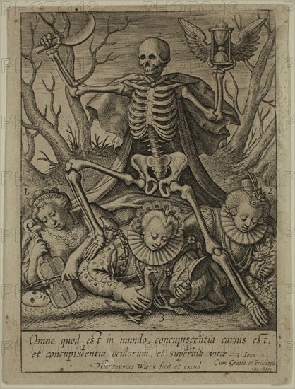 Jerome Wierix, Netherlandish, 1553-1619, Death Triumphing over All That Is in the World, the Lust of the Flesh, the Lust of the Eyes, and the Pride of Life, is not of the Father, but is of the World, between late 16th and early 17th century, engraving printed in black ink on laid paper, Plate: 3 7/8 × 2 7/8 inches (9.8 × 7.3 cm)