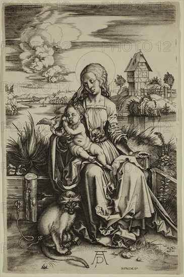 Jerome Wierix, Netherlandish, 1553-1619, after Albrecht Dürer, German, 1471-1528, The Virgin with the Monkey, ca. 1570, engraving printed in black ink on laid paper, Plate: 7 3/8 × 4 3/4 inches (18.7 × 12.1 cm)