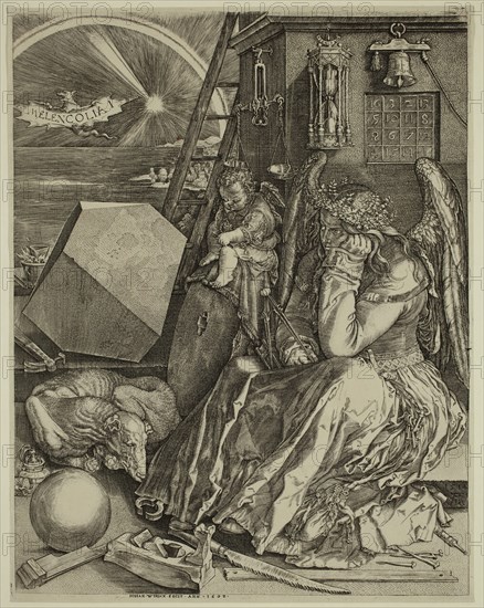Johann Wierix, Netherlandish, 1549-1615, after Albrecht Dürer, German, 1471-1528, Melancholy, 1602, engraving printed in black ink on laid paper, Plate: 9 3/8 × 7 3/8 inches (23.8 × 18.7 cm)