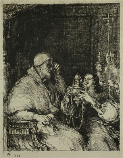 David Wilkie, English, 1785-1841, The Pope Examining a Censer, 1824, etching printed in black ink on chine collé, Image: 7 × 5 1/2 inches (17.8 × 14 cm)