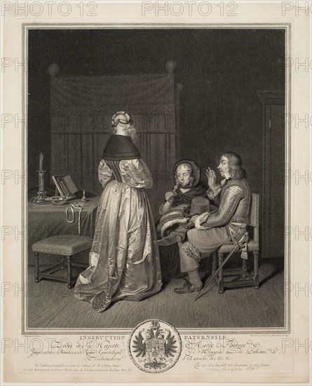 Johann Georg Wille, German, 1715-1808, after Gerard ter Borch, Dutch, 1617-1681, Paternal Instruction, 1765, engraving printed in black ink on laid paper, Plate: 17 1/8 × 13 1/4 inches (43.5 × 33.7 cm)