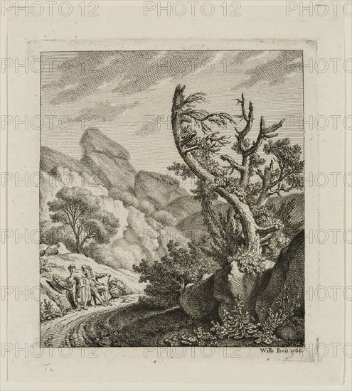 Johann Georg Wille, German, 1715-1808, Landscape with Two Figures, 1756, etching printed in black ink on laid paper, Plate: 4 7/8 × 4 3/8 inches (12.4 × 11.1 cm)