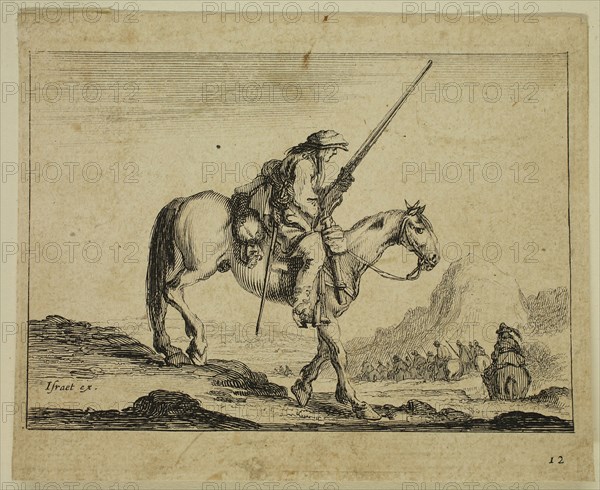 Claude Goyrand, French, 1620-1662, after Stefano della Bella, Italian, 1610-1664, Soldier on Horseback, ca. 1642, etching printed in black ink on laid paper, Plate: 3 inches × 3 7/8 inches (7.6 × 9.8 cm)