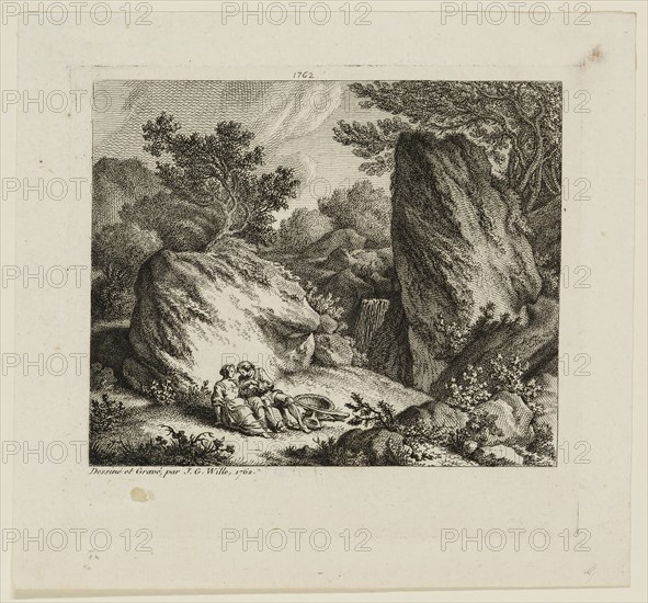 Johann Georg Wille, German, 1715-1808, Landscape with Two Figures, 1762, etching printed in black ink on laid paper, Plate: 4 1/2 × 4 7/8 inches (11.4 × 12.4 cm)