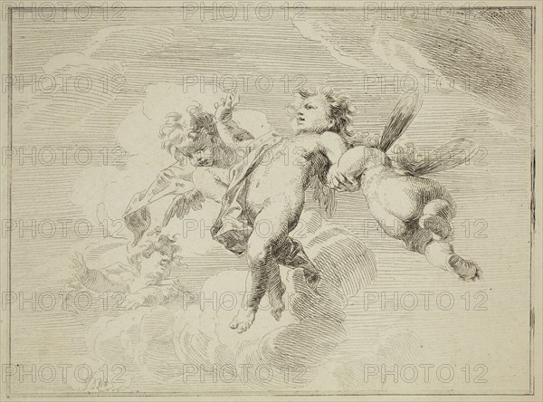 Jacob de Wit, Dutch, 1695-1754, Putti Hovering Amongst Clouds, 18th century, etching printed in black ink on laid paper, Plate: 7 1/4 × 9 5/8 inches (18.4 × 24.4 cm)