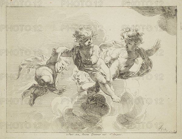 Jacob de Wit, Dutch, 1695-1754, Putti Hovering Amongst Clouds, 18th century, etching printed in black ink on laid paper, Plate: 7 1/4 × 9 5/8 inches (18.4 × 24.4 cm)