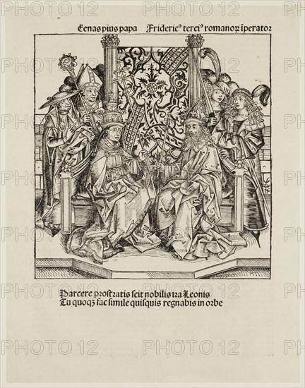 Wilhelm Pleydenwurff, German, 1494-1494, Michael Wohlgemut, German, 1434-1519, Pope Pius II Negotiating a Treaty with Emperor Frederic III, 1493, woodcut and letterpress printed in black ink on laid paper, Image: 9 1/8 × 8 7/8 inches (23.2 × 22.5 cm)