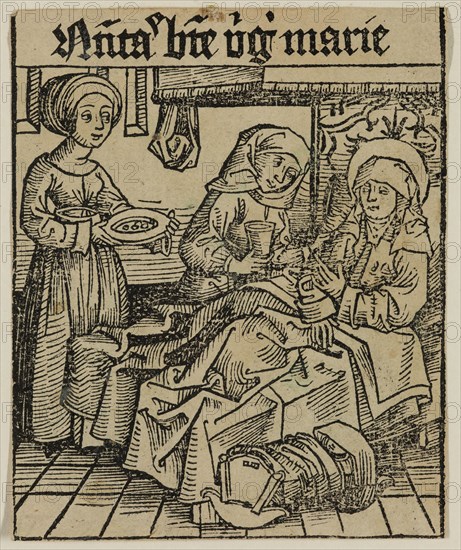 Michael Wohlgemut, German, 1434-1519, Nativity of the Virgin Mary, ca. 1493, woodcut printed in black ink on laid paper, Sheet (trimmed to image): 3 1/2 × 2 7/8 inches (8.9 × 7.3 cm)