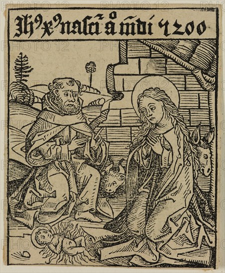 Michael Wohlgemut, German, 1434-1519, Nativity of Christ, ca. 1493, woodcut printed in black ink on laid (?) paper, Image: 3 1/2 × 2 7/8 inches (8.9 × 7.3 cm)