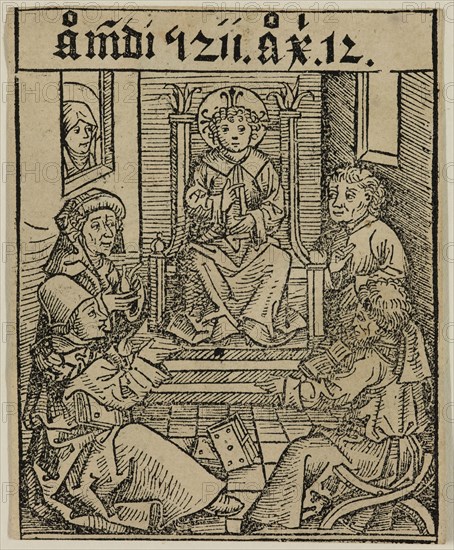 Michael Wohlgemut, German, 1434-1519, Christ Among the Doctors in the Temple, ca. 1493, woodcut printed in black ink on laid paper, Image: 3 5/8 × 2 3/4 inches (9.2 × 7 cm)