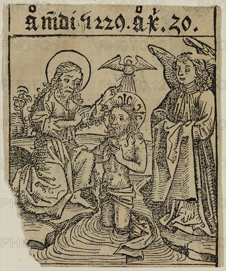 Michael Wohlgemut, German, 1434-1519, Baptism of Christ, ca. 1493, woodcut printed in black ink on laid paper, Image: 3 1/2 × 2 7/8 inches (8.9 × 7.3 cm)