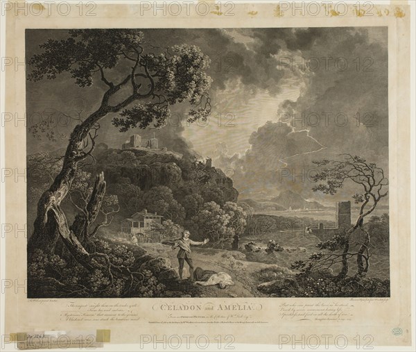 William Woollett, English, 1735-1785, after Richard Wilson, Welsh, 1713-1782, Celadon and Amelia, 1766, Etching and engraving printed in black on laid paper, plate: 17 1/2 x 21 3/4 in.