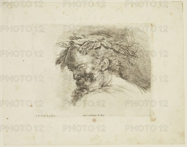 Stefano della Bella, Italian, 1610-1664, Head of an Old Man Wearing a Laurel Wreath, ca. 1641, etching printed in black ink on laid paper, Plate: 4 5/8 × 5 7/8 inches (11.7 × 14.9 cm)