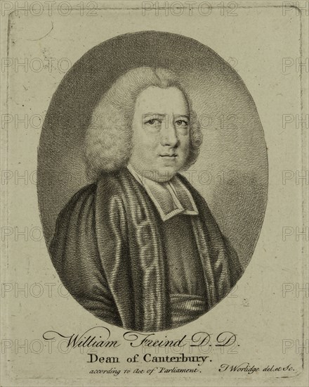 Thomas Worlidge, English, 1700-1766, William Freind D. D. Dean of Canterbury, 18th century, etching printed in black ink on laid paper, Plate: 3 5/8 × 2 7/8 inches (9.2 × 7.3 cm)