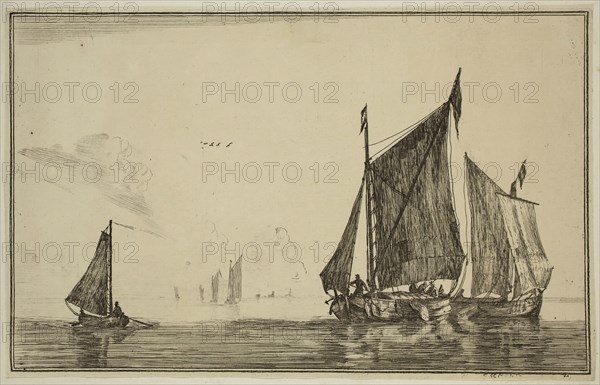 Reinier Nooms, Dutch, 1623-1667, Three Sailing Vessels on a Calm Sea, 17th century, etching printed in black ink on laid paper, Sheet (trimmed within plate mark): 5 × 8 inches (12.7 × 20.3 cm)