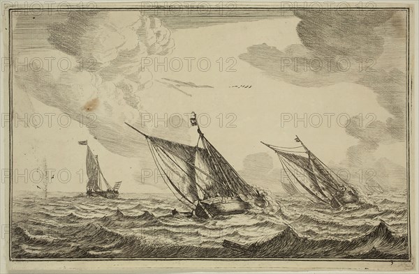Reinier Nooms, Dutch, 1623-1667, Three Sailing Vessels in Choppy Water, 17th century, etching printed in black ink on laid paper, Plate: 5 1/8 × 8 inches (13 × 20.3 cm)